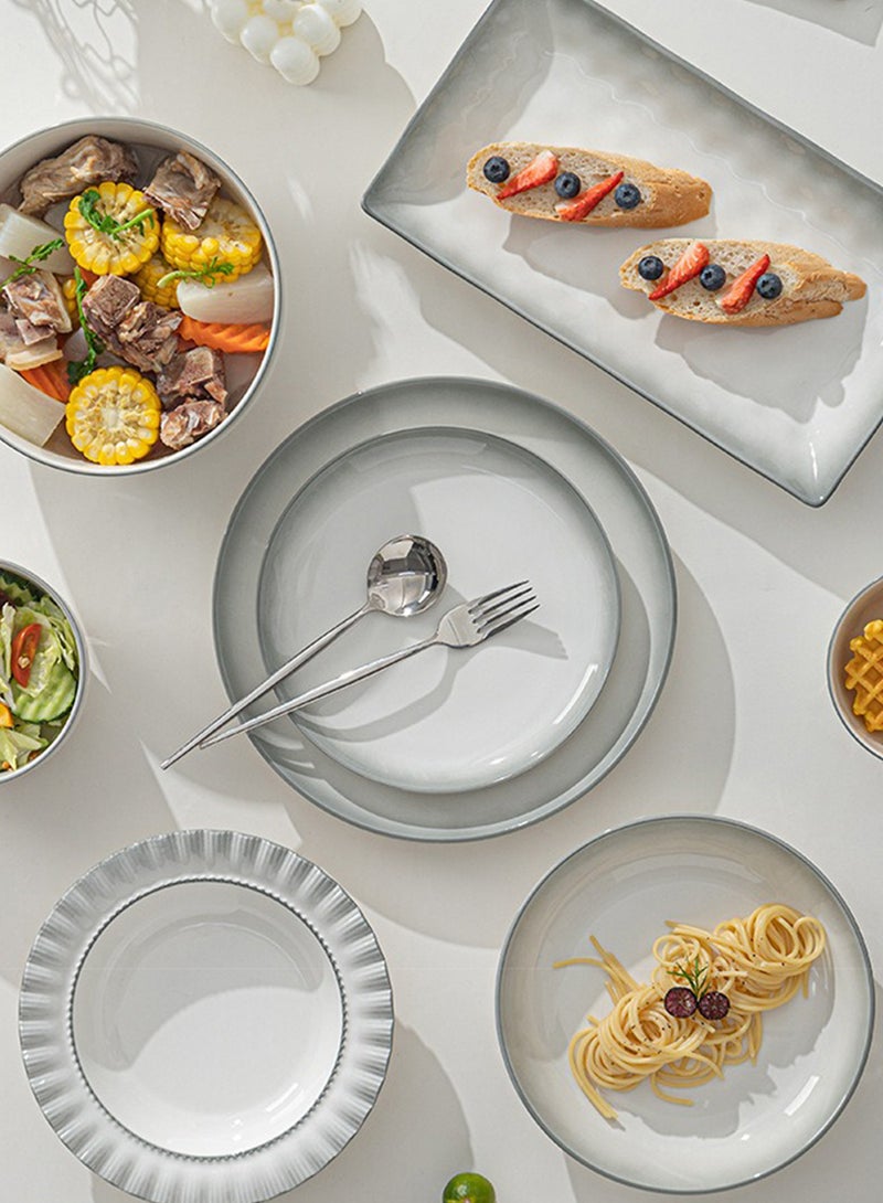 طقم عشاء من ١٨ قطعة، طقم هدايا، أدوات مائدة سيراميك كلاسيكية أنيقة، آمنة للاستخدام في غسالة الصحون والميكروويف، رمادي/أبيض - Image 2